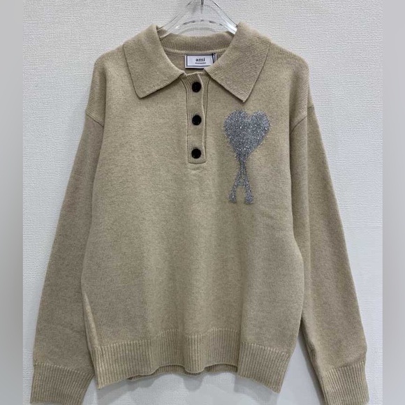 Ami Tan Cardigan with Metallic Heart Accent - Picture 1 of 6